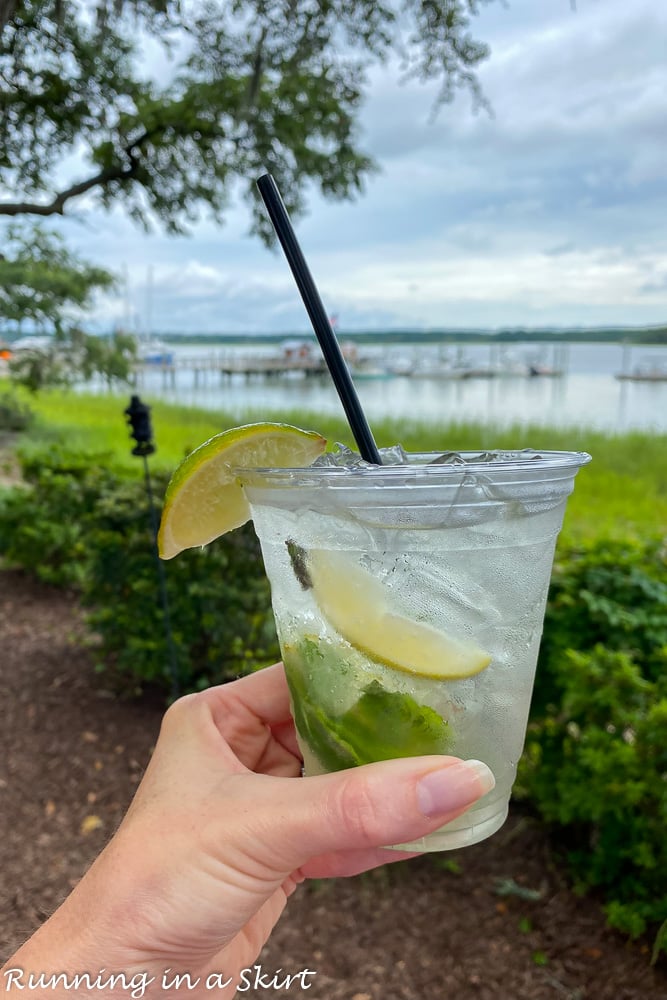 Drink from Skull Creek Boathouse with waterview in background.