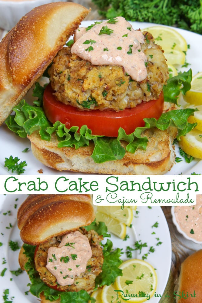 Crab Cake Sandwich with Cajun Remoulade - A healthy broiled crab cake sandwich with a greek yogurt remoulade sauce that tastes better than your favorite seafood restaurant! Super EASY dinner with Maryland Crab Cakes. Lots of crab - very little filler. The best seafood sandwich! Pescatarian, Clean Eating, Healthy Living / Running in a Skirt #seafood #crabcakes #pescatarian #healthyrecipes #seafooddinner #crab via @juliewunder