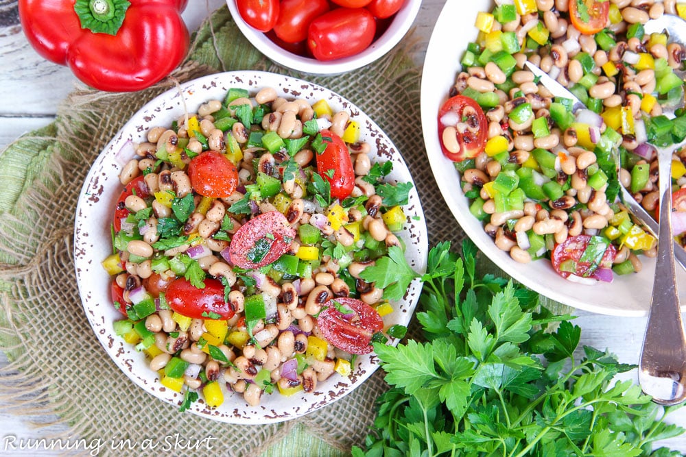 Black Eyed Pea Salad with Italian Dressing Overhead shot of bowl and serving bowl.