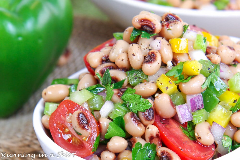 Close up of Black Eyed Pea Salad with Italian Dressing.