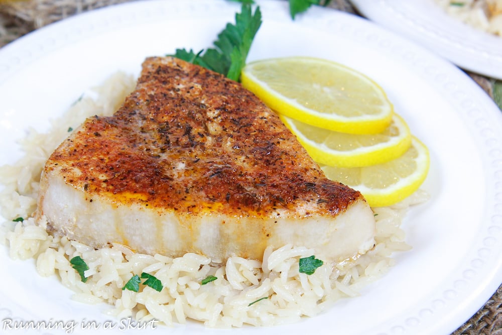 Close up of Blackened swordfish.