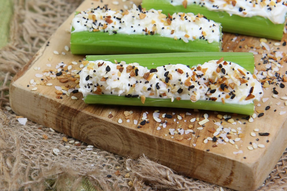 Close up of Everything Bagel Stuffed Celery Snacks.