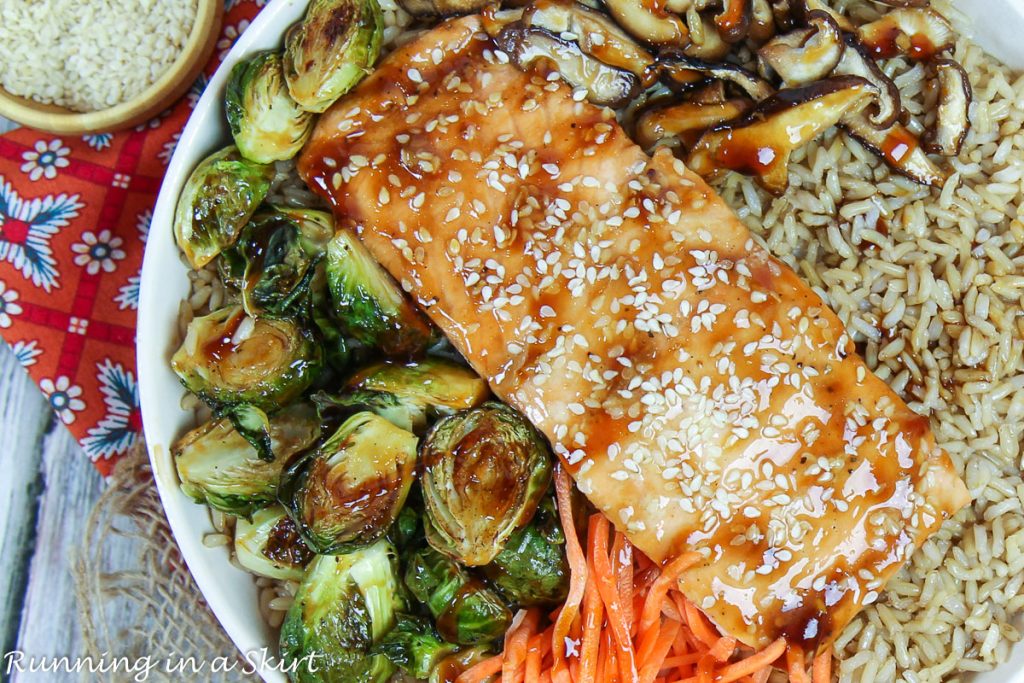 Salmon Teriyaki Bowl recipe in a bowl.