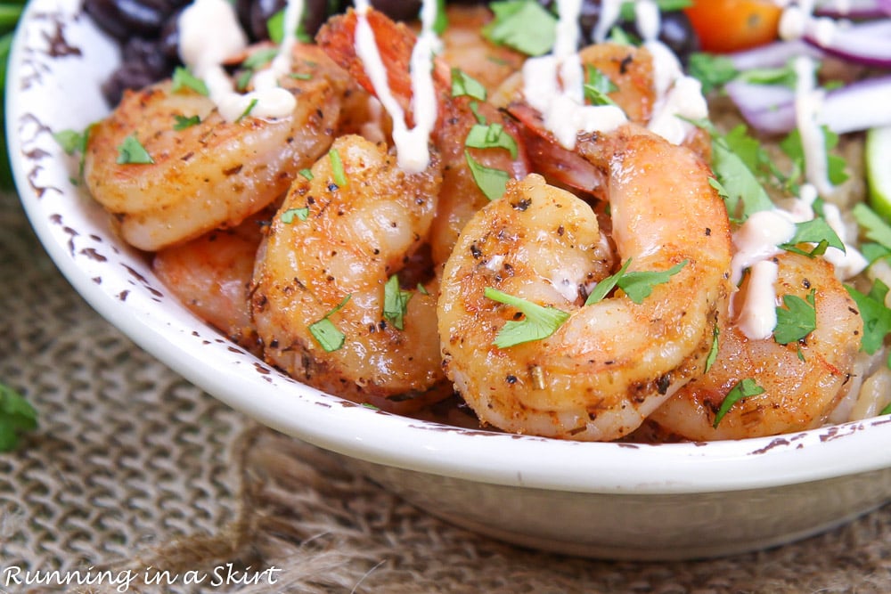 Shrimp Taco Bowls close up of the shrimp.