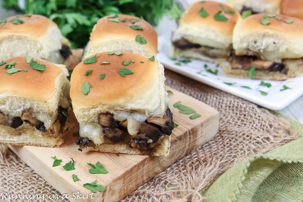 Close up of Vegetarian Sliders with Portobello Mushrooms and White Cheddar Cheese.
