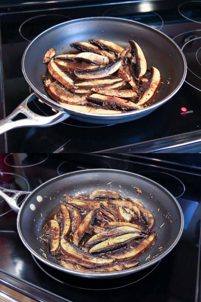 Process photos collage showing how to cook the portobello mushrooms on the stove.