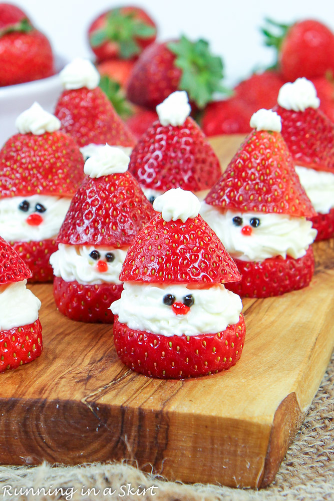 Strawberry Santas on a serving tray.