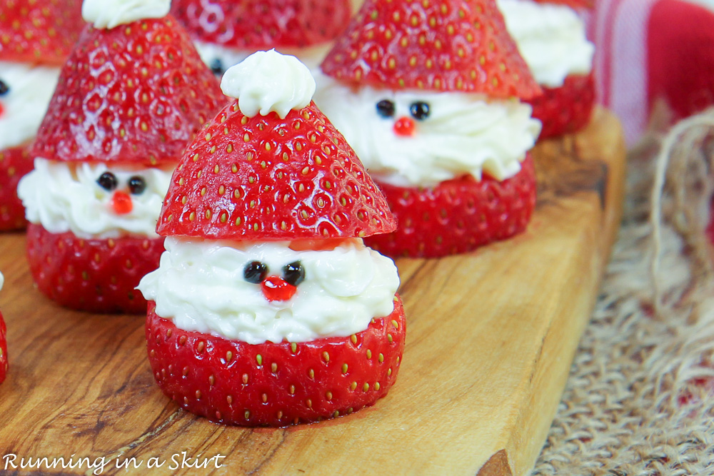 Close up of Strawberry Santas showing how to assemble them.