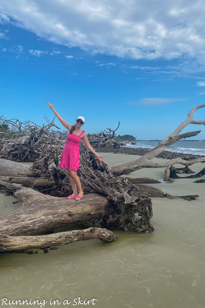 Woman standing on the driftwood.