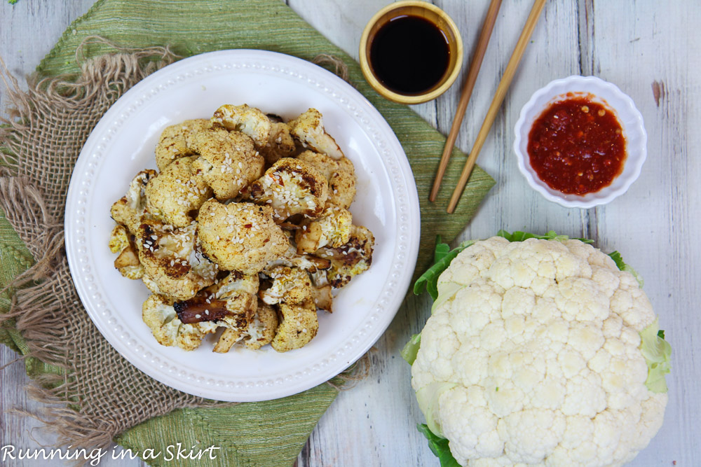 Roasted Asian Cauliflower with chili sauce and raw cauliflower.