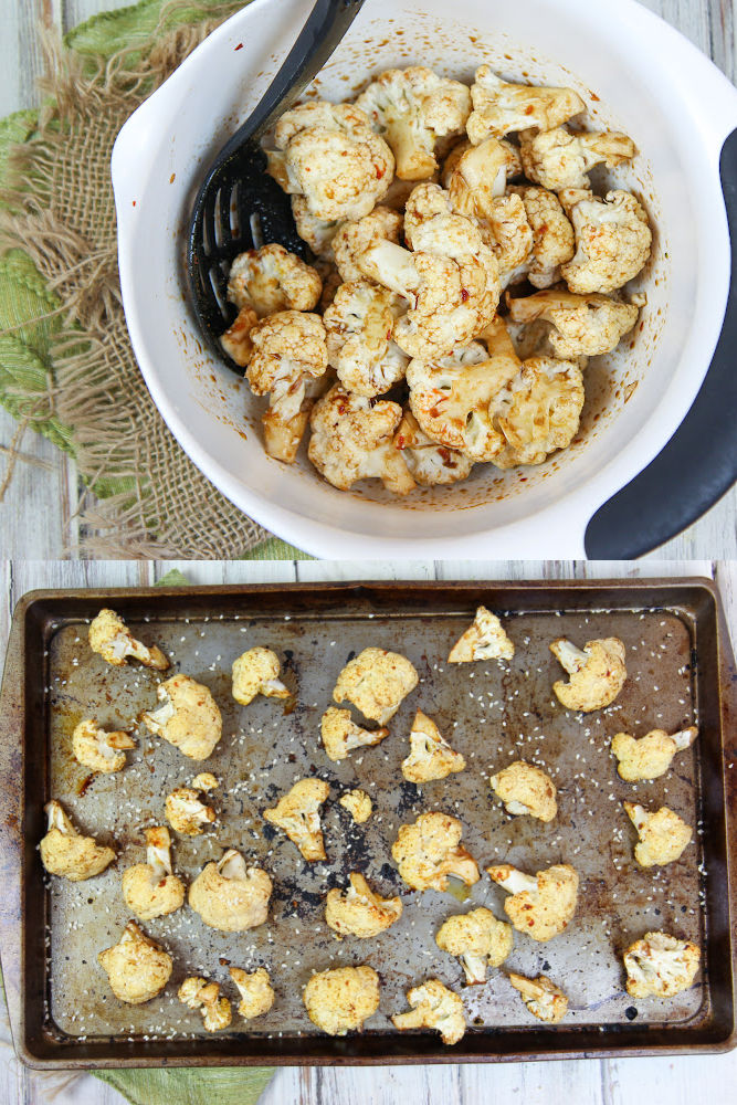 Process photos collage showing how to mix the cauliflower and roast it.