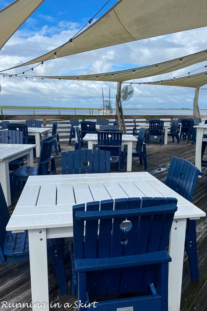 Jekyll Island Restaurants- The Wharf outside dining sunset view.