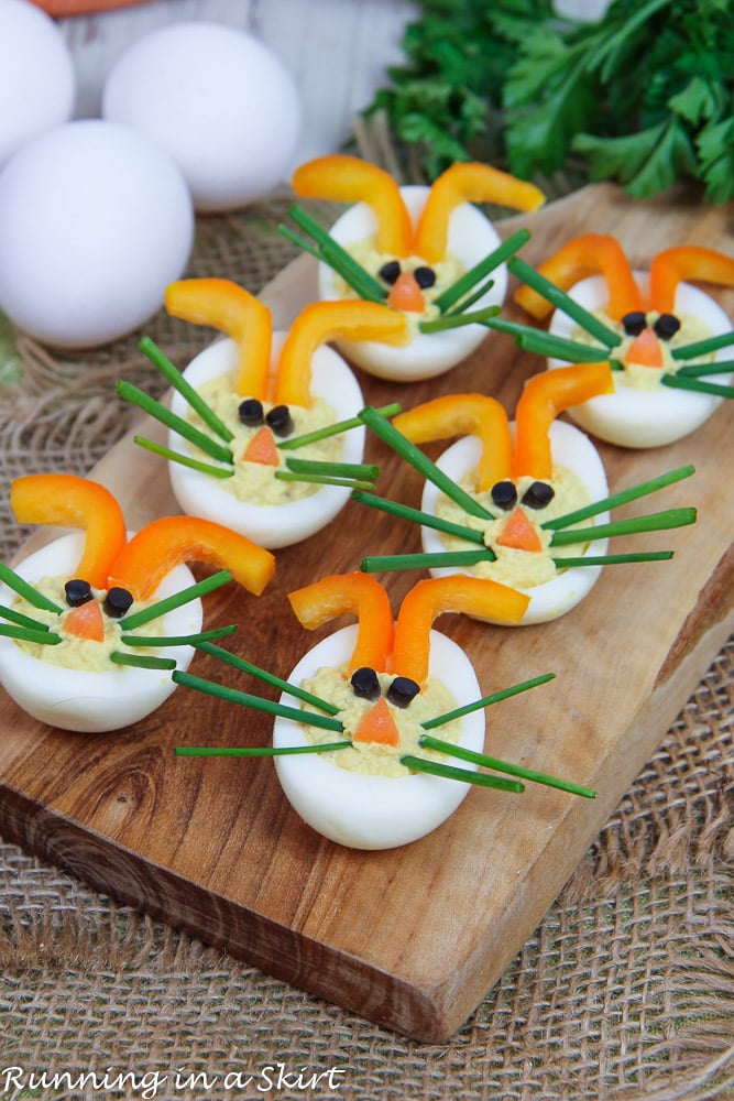 Easter Deviled Eggs recipe on a serving tray.