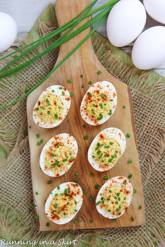 Greek Yogurt Deviled Eggs No Mayo overhead shot.