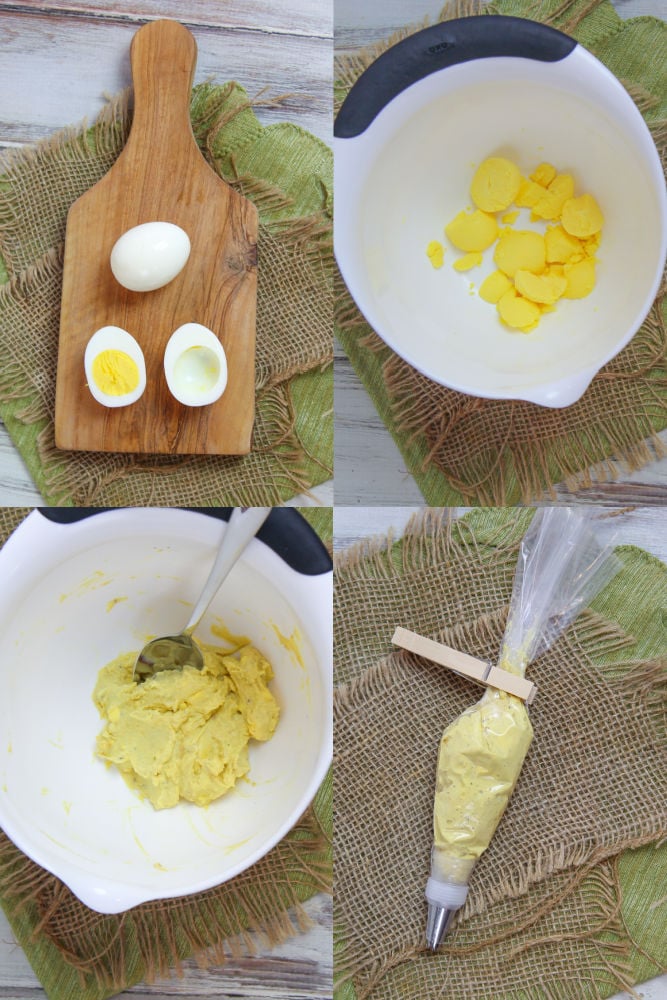 Process photos collage showing how to cut the eggs, mix the yoke mixture and put the mixture into the piping bag.