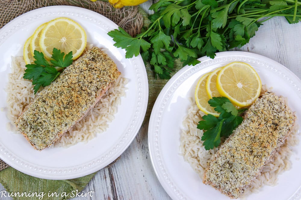 Parmesan Panko Crusted Salmon on two white plates overhead shot.