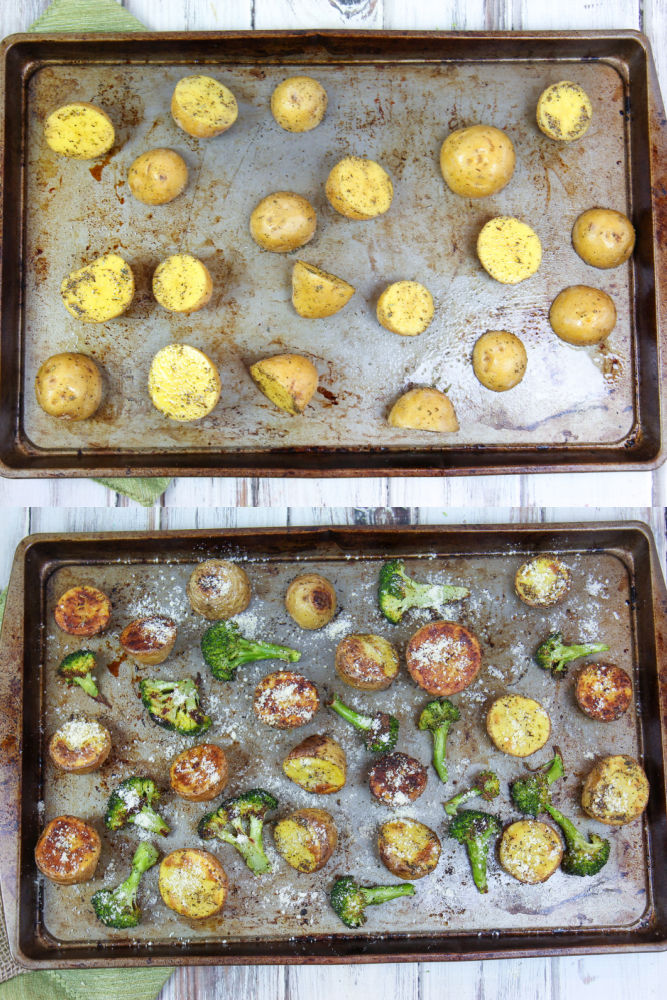 Process photos showing steps to roast the vegetables on one plan.