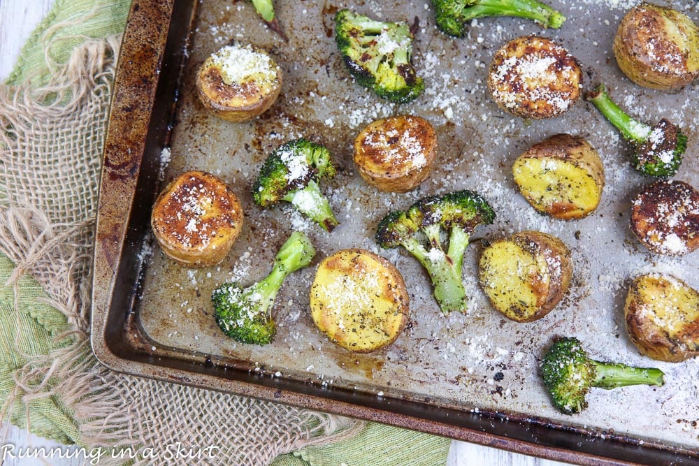 Roasted Potatoes and Broccoli on a baking sheet.