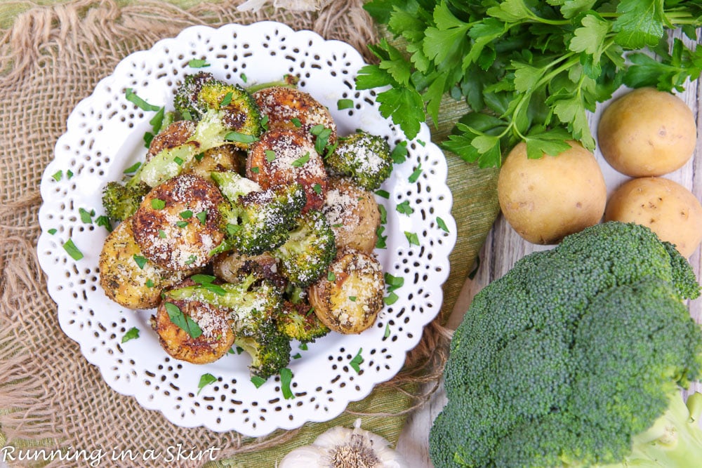Roasted Potatoes and Broccoli on a white plate.