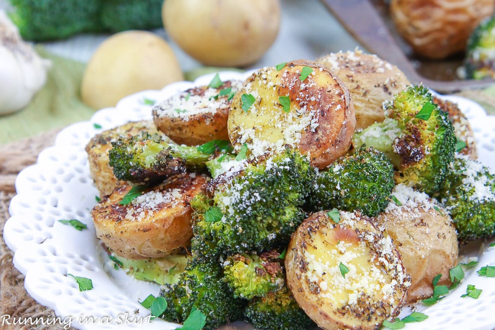Roasted Potatoes and Broccoli on a white plate.