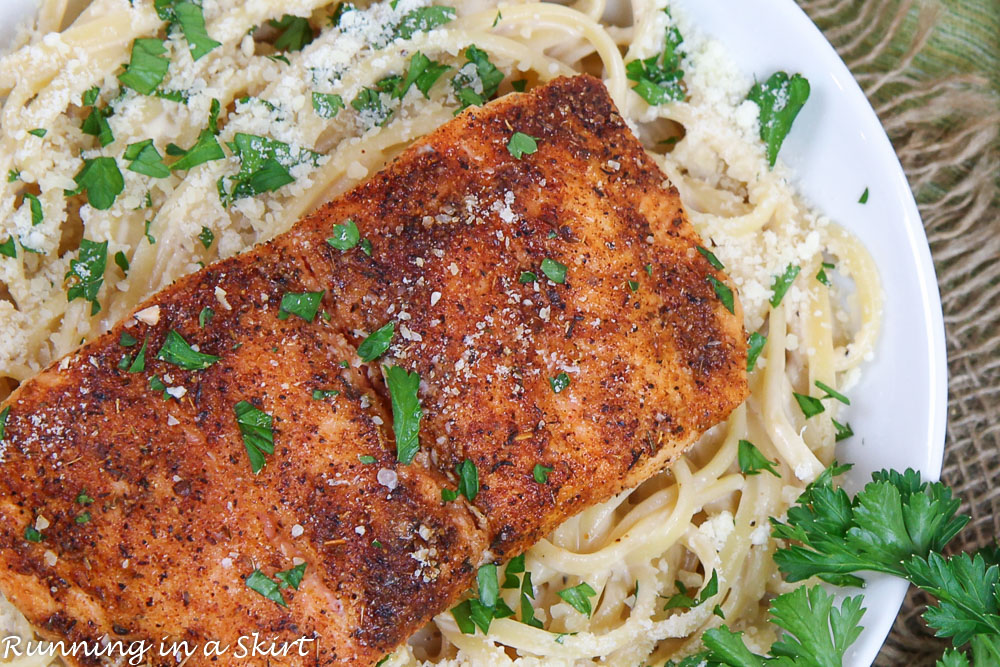 Overhead shot of Blackened Salmon Alfredo Pasta recipe.