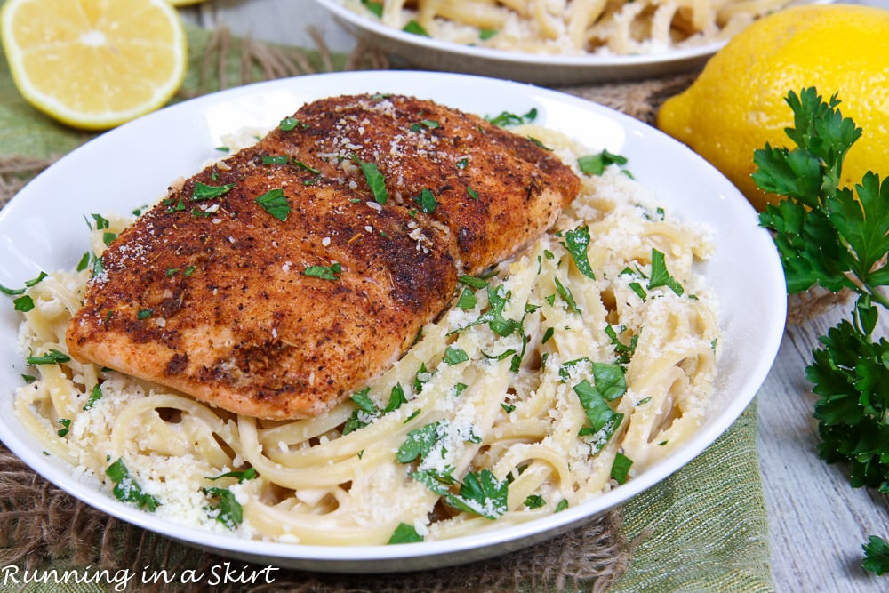 Blackened Salmon Alfredo Pasta recipe in a bowl.