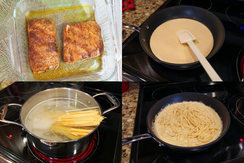 Process photos collage on how to make the blackened salmon and how to assemble the pasta with the sauce.