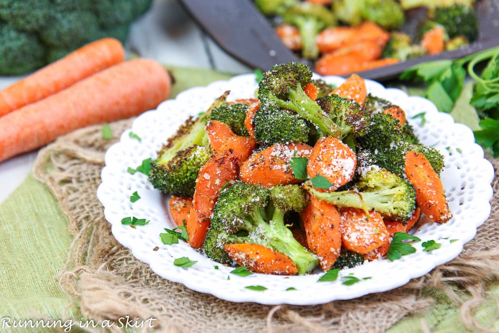 Roasted Broccoli and Carrots on a white plate.