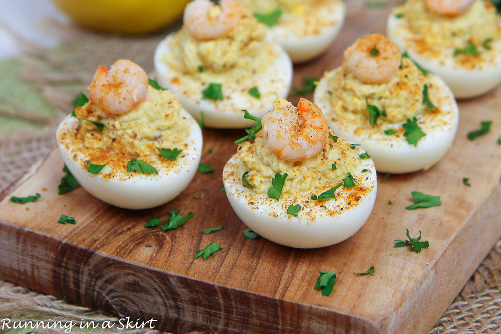 Shrimp Deviled Eggs on a serving tray.