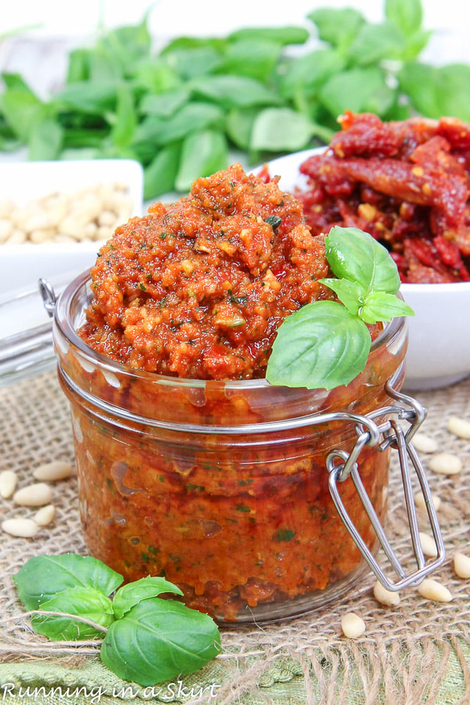 Sun Dried Tomato Pesto recipe with pine nuts and basil.