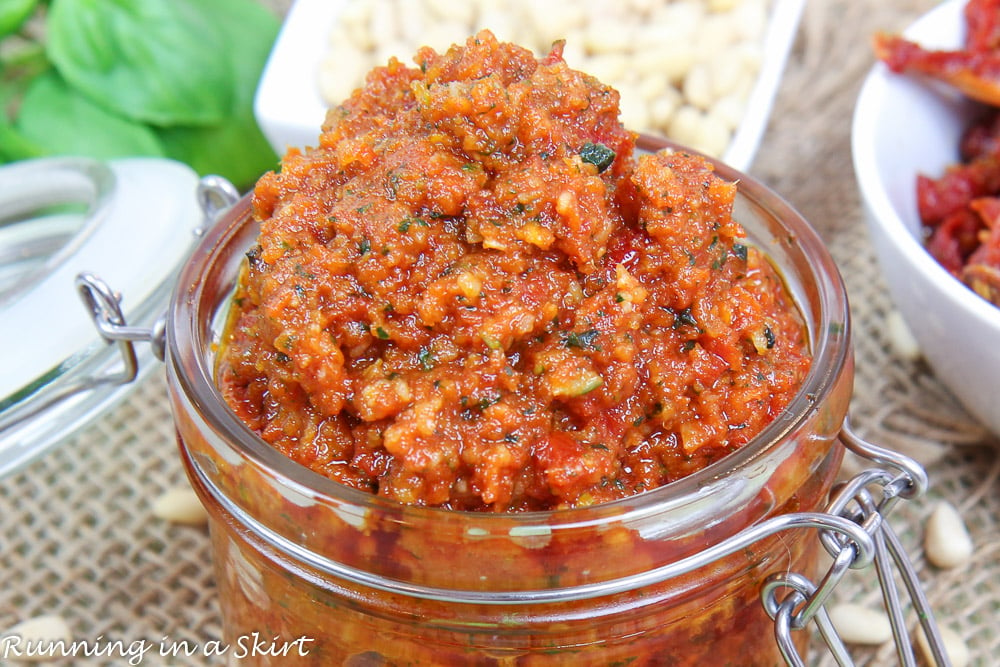 Close up of Sun Dried Tomato Pesto recipe.