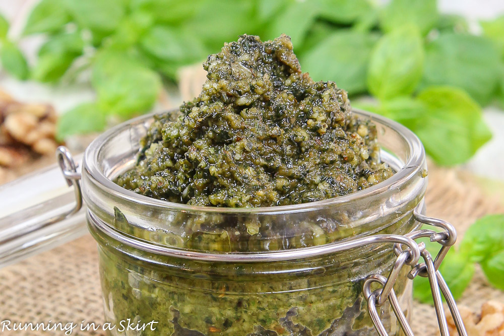 Close up of Walnut Pesto recipe in jar.