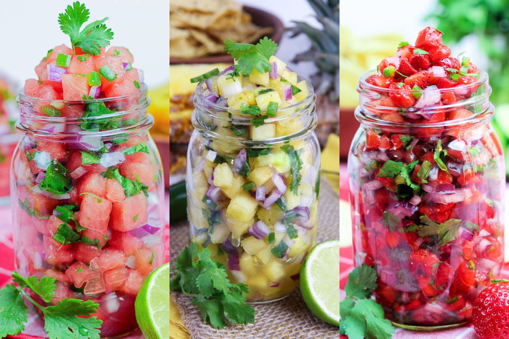 Fruit Salsa Recipe collection of watermelon salsa, pineapple salsa and strawberry salsa.