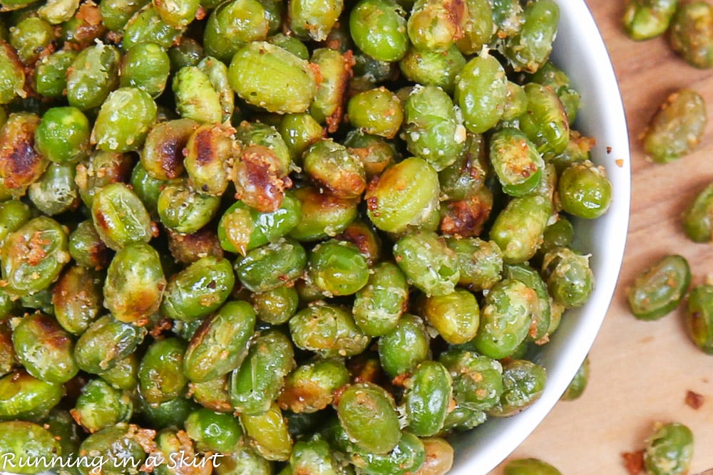 Overhead shot of Dry Roasted Edamame in a bowl.