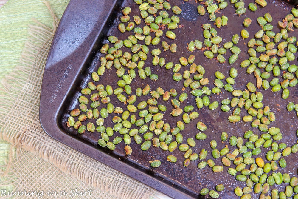 Dry Roasted Edamame on a baking sheet after roasting.