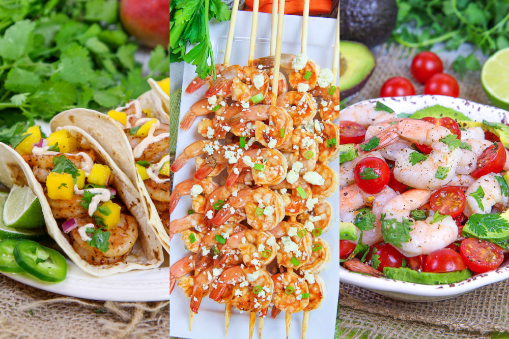 Healthy shrimp recipes collage with tacos, skewers and bowl of shirmp.