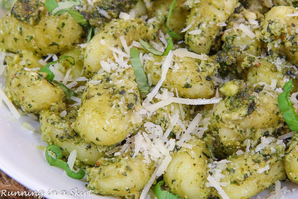 Creamy Gnocchi Pesto recipe close up.