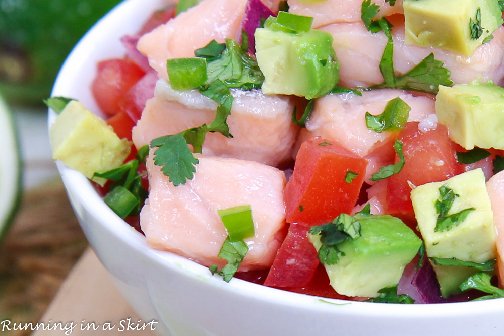Close up of the Salmon Ceviche in a white bowl.