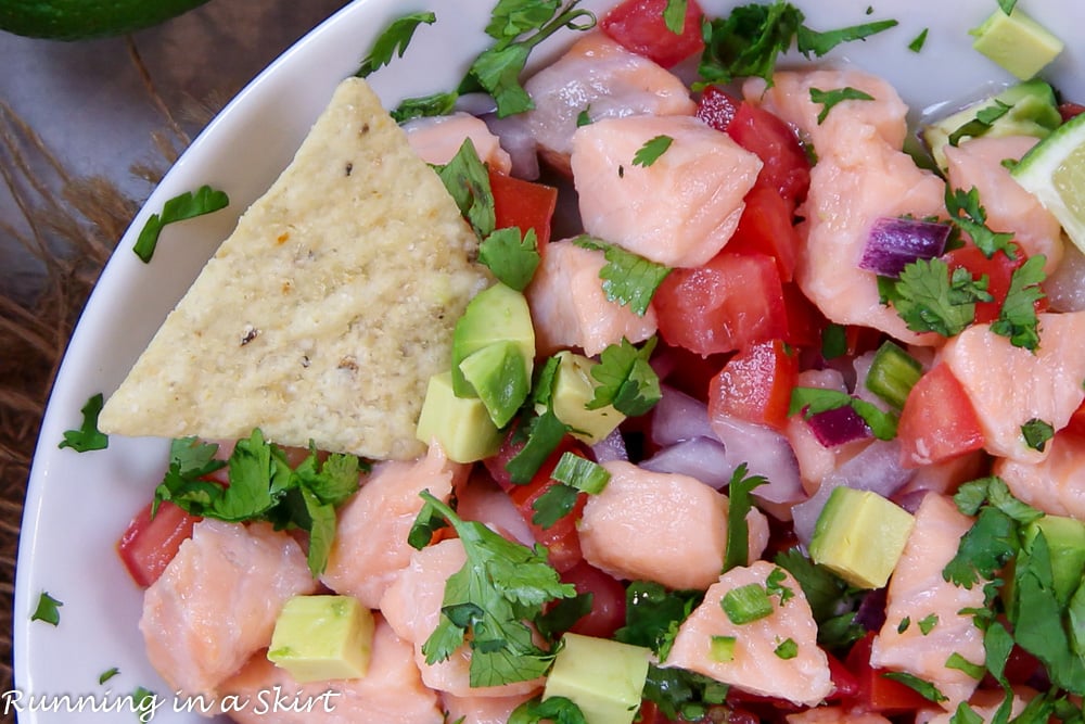 Close up of the Salmon Ceviche in a flat white bowl.