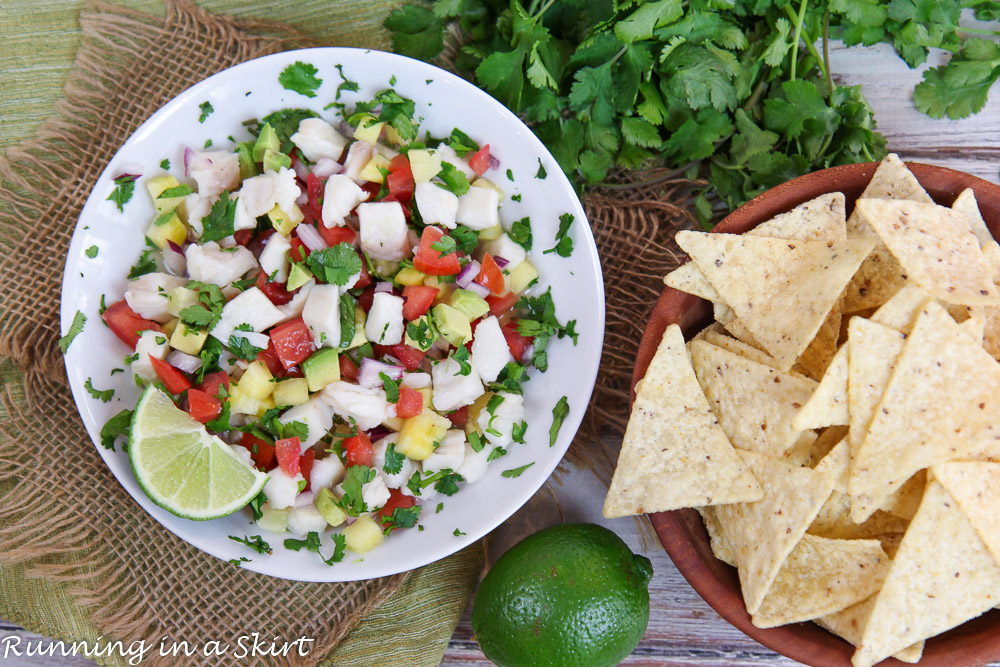 Halibut Ceviche on a white plate.