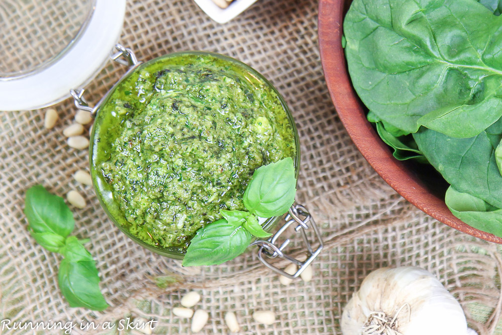 Spinach Pesto recipe overhead with spinach.