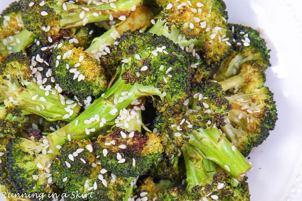Roasted Asian Broccoli recipe overhead of broccoli floret with sesame seeds.
