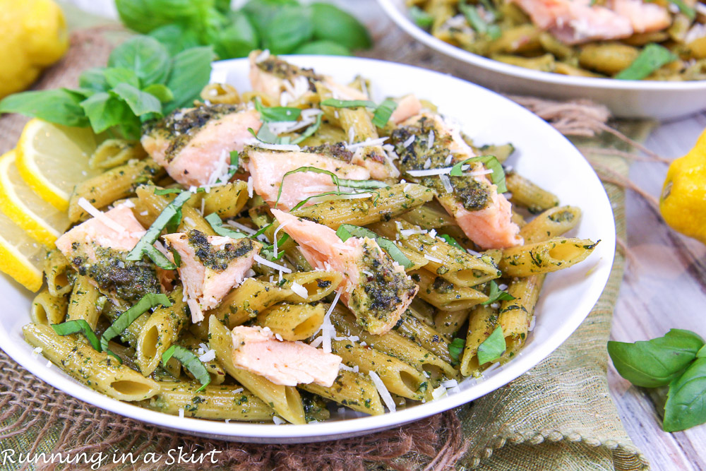 Salmon Pesto Pasta on a white plate.