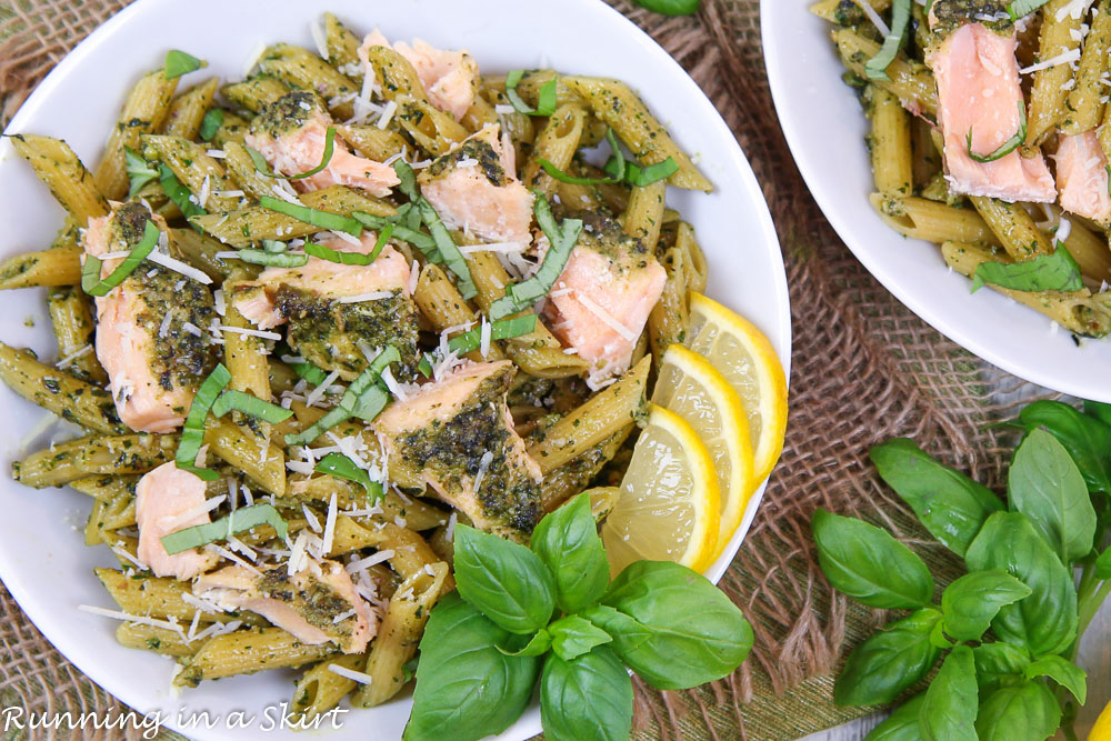 Close up Salmon Pesto Pasta overhead shot.