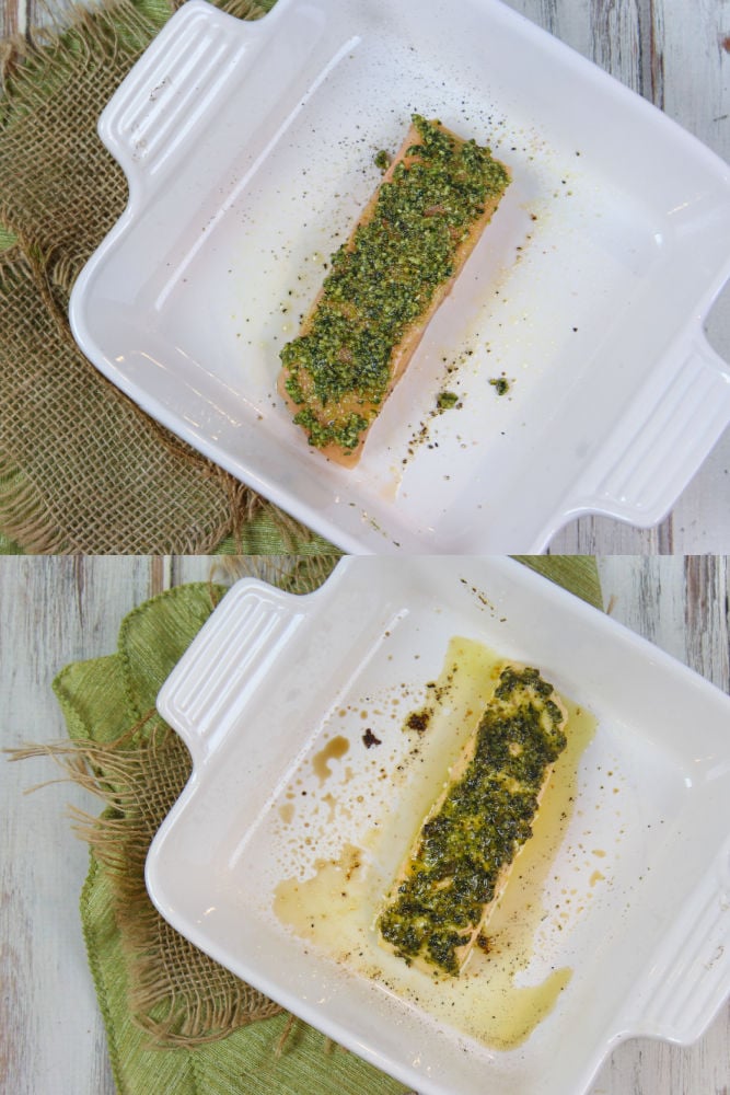 How to bake the pesto salmon.