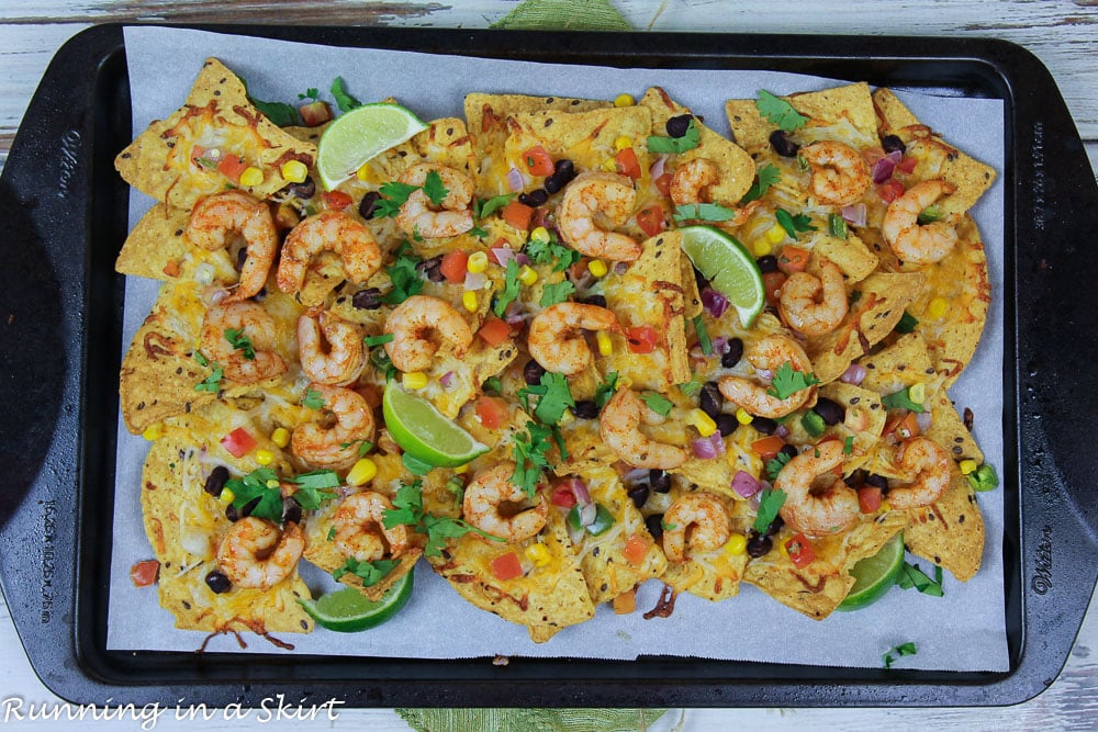 Shrimp Nachos recipe overhead shot of nachos on the sheet pan.