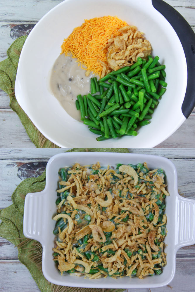 Process photo collage showing how to assemble the Cheesy Green Bean Casserole with fresh green beans.