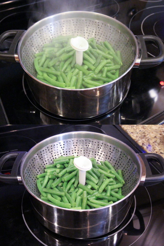 Process photos showing how to steam the green beans.