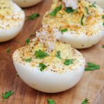 Crab Deviled Eggs on plate.