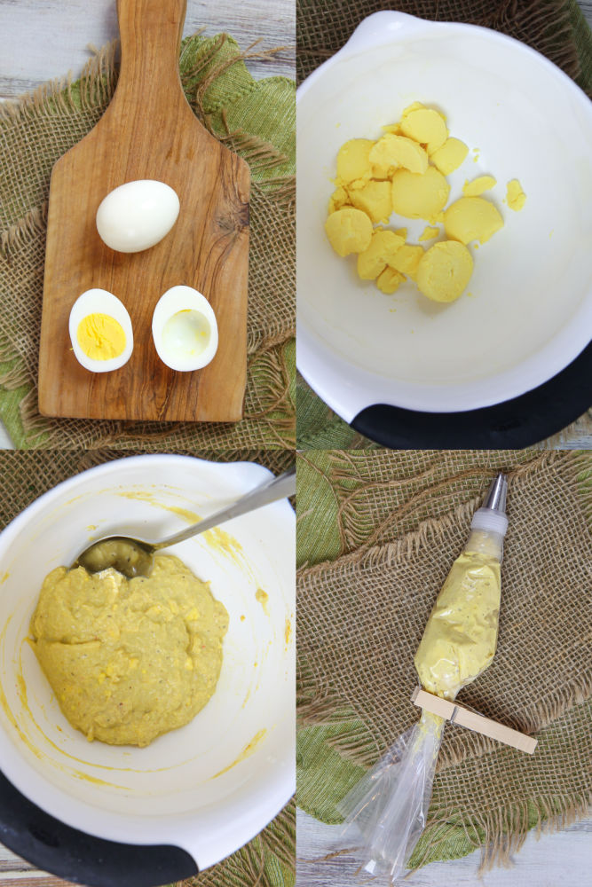 Process photos collage showing the 4 steps to make Crab Deviled Eggs.
